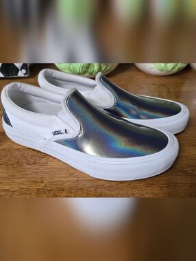 Womens Vans Holographic Slip-On Sneakers - White & Rainbow Shine